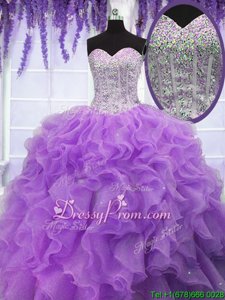 Elegant Lavender Ball Gowns Sweetheart Sleeveless Organza Floor Length Lace Up Ruffles and Sequins Sweet 16 Dress