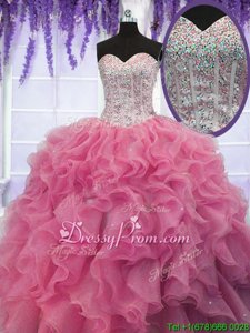Shining Rose Pink Vestidos de Quinceanera Military Ball and Sweet 16 and Quinceanera and For withRuffles and Sequins Sweetheart Sleeveless Lace Up