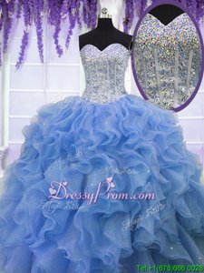 Inexpensive Blue Sleeveless Floor Length Beading and Ruffles Lace Up Sweet 16 Dresses