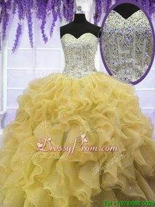 Luxurious Yellow Lace Up Quinceanera Gown Beading and Ruffles Sleeveless Floor Length