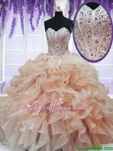 Beauteous Peach Ball Gowns Beading and Ruffles Quinceanera Dress Lace Up Organza Sleeveless Floor Length