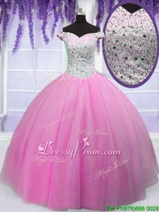 Delicate Hot Pink Ball Gowns Off The Shoulder Short Sleeves Tulle Floor Length Lace Up Beading Quince Ball Gowns