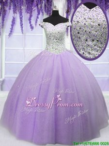 Perfect Lavender Off The Shoulder Lace Up Beading Quinceanera Gown Short Sleeves