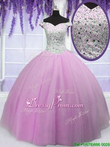 Luxurious Ball Gowns Ball Gown Prom Dress Lilac Off The Shoulder Tulle Short Sleeves Floor Length Lace Up