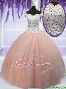 Sophisticated Off The Shoulder Short Sleeves Tulle Sweet 16 Quinceanera Dress Beading Lace Up