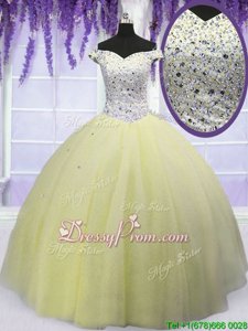 Fancy Floor Length Lace Up Sweet 16 Quinceanera Dress Light Yellow and In forMilitary Ball and Sweet 16 and Quinceanera withBeading