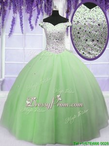 Customized Apple Green Tulle Lace Up Off The Shoulder Short Sleeves Floor Length 15th Birthday Dress Beading