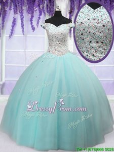 Short Sleeves Tulle Floor Length Lace Up Quinceanera Gowns inLight Blue forSpring and Summer and Fall and Winter withBeading