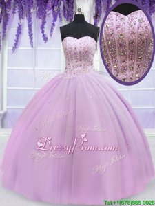 Beautiful Lilac Sleeveless Beading Floor Length Quince Ball Gowns
