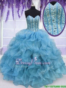 Aqua Blue Organza Lace Up Vestidos de Quinceanera Sleeveless Floor Length Beading and Ruffles