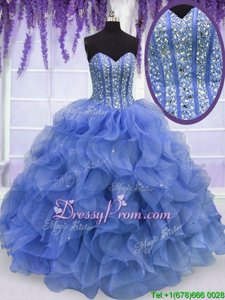 Trendy Sleeveless Floor Length Beading and Ruffles Lace Up Vestidos de Quinceanera with Blue