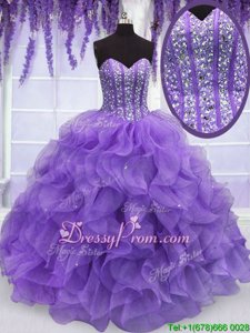 Floor Length Lavender 15th Birthday Dress Organza Sleeveless Spring and Summer and Fall and Winter Beading and Ruffles