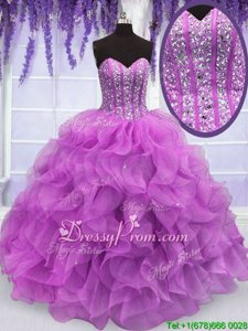 High Quality Lilac Lace Up Sweet 16 Quinceanera Dress Beading and Ruffles Sleeveless Floor Length