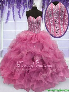 Low Price Rose Pink Organza Lace Up Sweetheart Sleeveless Floor Length Sweet 16 Dress Beading and Ruffles