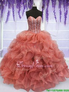 Glamorous Watermelon Red Organza Lace Up Sweetheart Sleeveless Floor Length Quinceanera Dress Beading and Ruffles