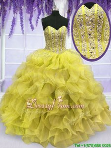 Eye-catching Yellow Ball Gowns Organza Sweetheart Sleeveless Beading and Ruffles Floor Length Lace Up Sweet 16 Dresses