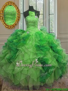 Suitable Sleeveless Floor Length Beading and Ruffles Lace Up Quince Ball Gowns with Green