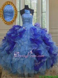 Fitting Multi-color Organza Lace Up Strapless Sleeveless Floor Length Quinceanera Dress Beading and Ruffles