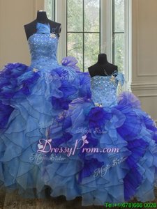 Customized Multi-color Ball Gowns Strapless Sleeveless Organza Floor Length Lace Up Beading and Ruffles 15th Birthday Dress