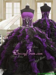 Free and Easy Black And Purple Ball Gown Prom Dress Military Ball and Sweet 16 and Quinceanera and For withBeading and Ruffles Strapless Sleeveless Lace Up