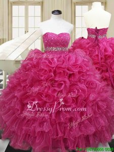 Glittering Sweetheart Sleeveless Organza Quinceanera Dresses Beading and Ruffles Lace Up