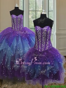 Comfortable Sleeveless Lace Up Floor Length Beading and Ruffles and Sequins Sweet 16 Dress