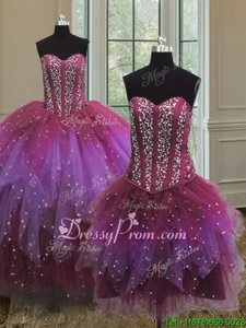 Exceptional Multi-color Ball Gowns Beading and Ruffles and Sequins Quinceanera Gowns Lace Up Tulle Sleeveless Floor Length