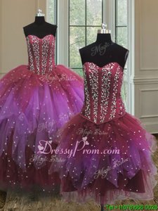 Stunning Multi-color Ball Gowns Tulle Sweetheart Sleeveless Beading Floor Length Lace Up Ball Gown Prom Dress