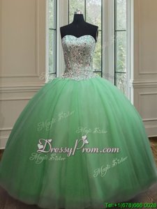 Edgy Floor Length Lace Up 15 Quinceanera Dress Spring Green and In forMilitary Ball and Sweet 16 and Quinceanera withBeading