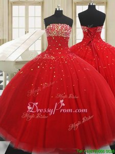 Super Strapless Sleeveless Quinceanera Gowns Floor Length Beading Red Tulle