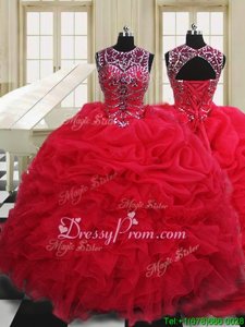 Artistic Red Ball Gowns Beading and Pick Ups Quince Ball Gowns Lace Up Organza Sleeveless Floor Length