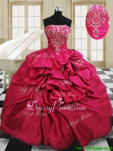 Deluxe Strapless Sleeveless Lace Up Ball Gown Prom Dress Hot Pink Taffeta
