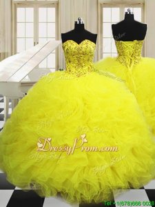 Great Light Yellow Quinceanera Gown Military Ball and Sweet 16 and Quinceanera and For withBeading and Ruffles Sweetheart Sleeveless Lace Up