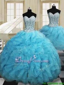 Captivating Baby Blue Sweetheart Neckline Beading and Ruffles Ball Gown Prom Dress Sleeveless Lace Up