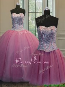 Exceptional Rose Pink Ball Gowns Beading Quinceanera Gown Lace Up Organza Sleeveless Floor Length