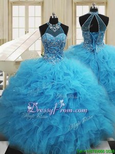 Dazzling Sleeveless Tulle Floor Length Lace Up Sweet 16 Dress inBaby Blue forSpring and Summer and Fall and Winter withBeading and Ruffles