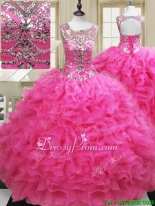 Modern Hot Pink Ball Gowns Beading and Ruffles Sweet 16 Dress Lace Up Organza Sleeveless Floor Length