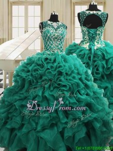 Exquisite Teal Scoop Neckline Beading and Ruffles 15th Birthday Dress Sleeveless Lace Up