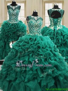 Wonderful Organza Scoop Sleeveless Lace Up Beading and Ruffles 15 Quinceanera Dress inDark Green