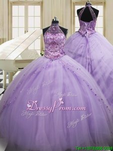 Classical Sweep Train Ball Gowns 15th Birthday Dress Lavender Halter Top Tulle Sleeveless Lace Up