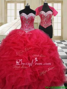 Superior Floor Length Red Quinceanera Dress Organza Sleeveless Spring and Summer and Fall and Winter Beading