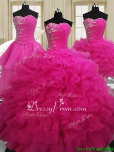 Free and Easy Sleeveless Organza Floor Length Zipper Quinceanera Gown inHot Pink forSpring and Summer and Fall and Winter withBeading