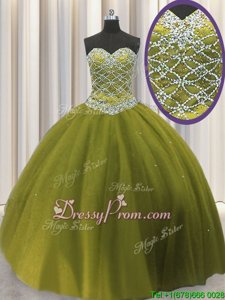 Modern Tulle Sweetheart Sleeveless Lace Up Beading Quinceanera Dress inOlive Green
