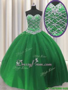 Glamorous Green Ball Gowns Beading Quinceanera Gowns Lace Up Tulle Sleeveless Floor Length