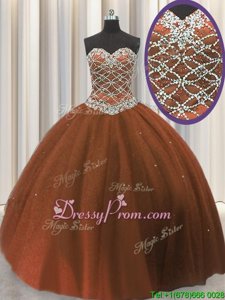 Elegant Brown Sleeveless Tulle Lace Up Quinceanera Gown forMilitary Ball and Sweet 16 and Quinceanera