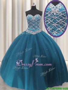 Custom Designed Teal Sweetheart Lace Up Beading and Sequins 15th Birthday Dress Sleeveless
