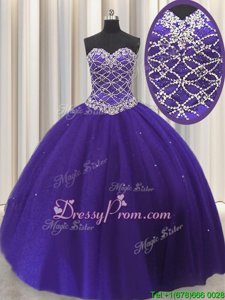 Glorious Purple Quince Ball Gowns Military Ball and Sweet 16 and Quinceanera and For withBeading and Sequins Sweetheart Sleeveless Lace Up