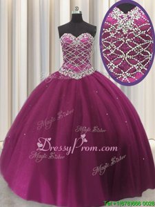 Beauteous Floor Length Fuchsia Quinceanera Dress Tulle Sleeveless Spring and Summer and Fall and Winter Beading and Sequins