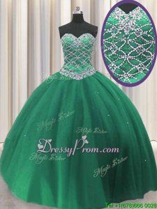 Charming Dark Green Sleeveless Floor Length Beading and Sequins Lace Up Quinceanera Dress