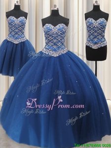 Sexy Blue Tulle Lace Up Vestidos de Quinceanera Sleeveless Floor Length Beading and Sequins